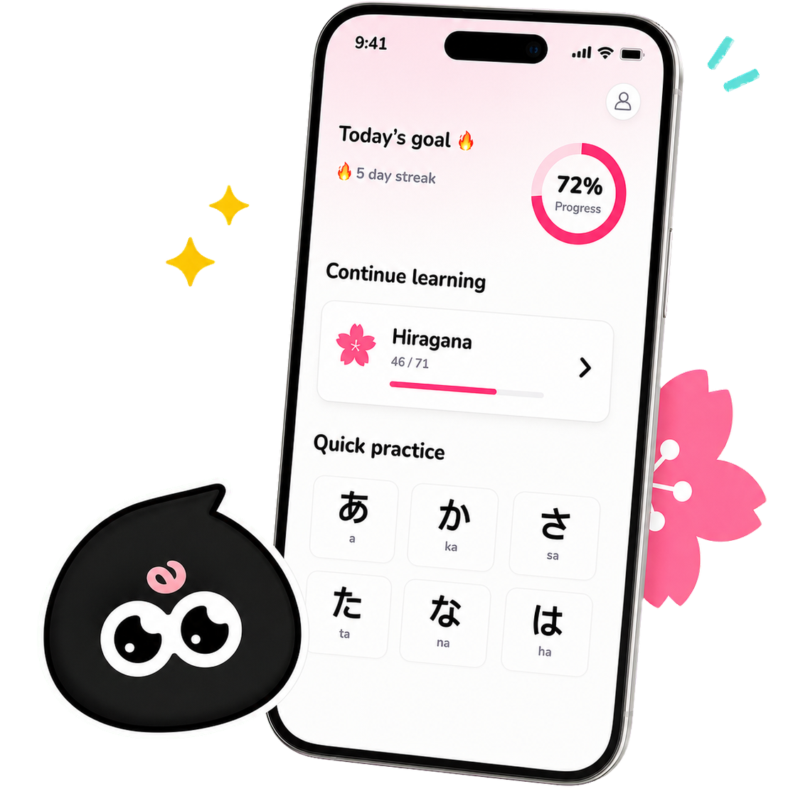 KanaGo app preview with mascot